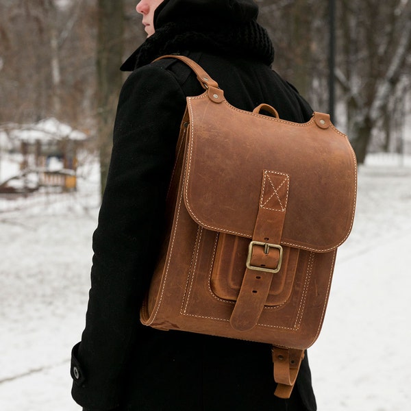 Bright Brown Leather Backpack 15.6" , Large Handmade Rucksack