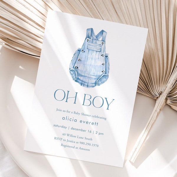 Oh Boy Baby Shower Invitation Template Printable Editable CORJL Invite Boy Baby Shower Invite Blue Overalls Baby Clothes Invite Digital DIY