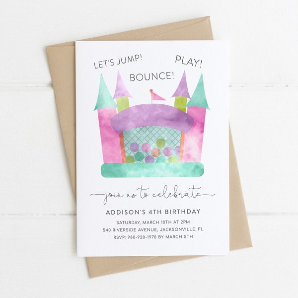 Bounce House Birthday Invitation Template, Printable Editable Template, Bouncy House Castle, Pastel Girl Birthday Invite, Digital Download