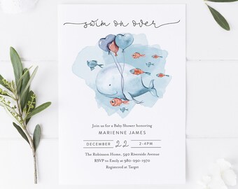 Whale Baby Shower Invitation Template, Printable Editable Invite, Digital Download, Blue Hearts, Blue Balloon Clip Art, Nautical Shower