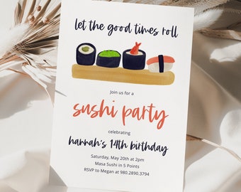 Let the Good Times Roll Sushi Birthday Party Invitation Printable Editable CORJL Template Any Age Birthday Party Sushi Party Invite