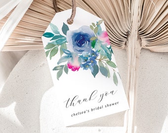 Editable Thank You Tags, Printable Template, 3.5x2 inches, Thank You Favor Tags, Blue Watercolor Floral, Bridal Shower Thank You Tag, P5