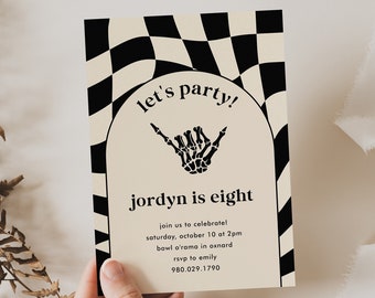 Retro Checkerboard Birthday Invitation Template, Black and White, Skeleton Shaka Invite Template, Printable Editable CORJL Template Digital