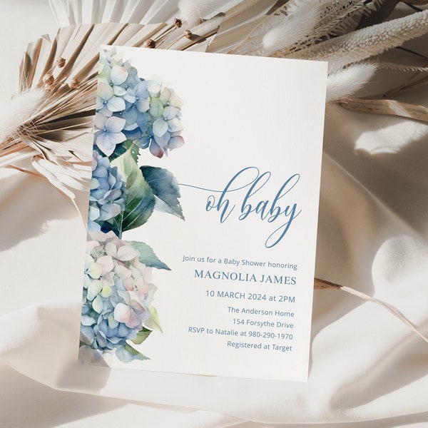 Blue Hydrangea Baby Shower Invitation Template, Printable Editable CORJL Template, Digital Download Blue Spring Floral Baby Shower