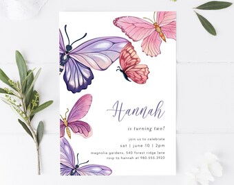 Purple Butterfly Birthday Invitation Template, Printable Editable CORJl Invite, Digital Download DIY, Colorful Butterflies, Pink BB442