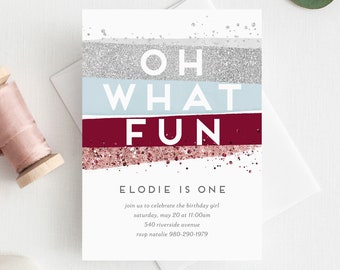 Winter Birthday Invite, Oh What Fun, Printable Editable Template, Digital Download, Blue Silver Burgundy, First Birthday Invite 1st Birthday