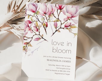 Love in Bloom Bridal Shower Invitation Template, Printable Editable CORJL Template, Pink Spring Floral Magnolia Tulip Wedding Shower