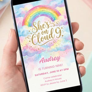 Invitación de cumpleaños de Cloud 9, invitación para niña de 9 años, plantilla móvil de Canva con purpurina arcoíris, fiesta de acuarela de Evite, invitación con texto digital