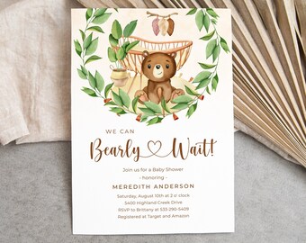 We Can Bearly Wait Bear BOHO Baby Shower Invitation Template Printable Editable Invite Woodland Greenery Forest Animals Team Green Digital