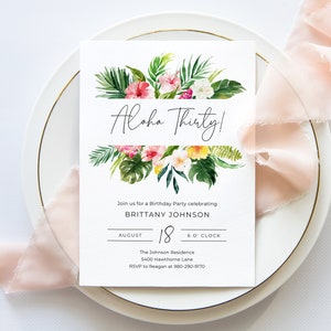 Aloha Thirty Luau Birthday Invitation Template, Printable Editable Invite, Palm Leaves Custom Birthday Invite Digital Download Hawaiian 702