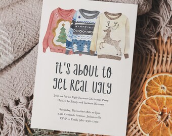 Ugly Sweater Christmas Party Invitation, Printable Editable Template, Digital Invite, Holiday Party Invitation, Watercolor Sweaters, DIY