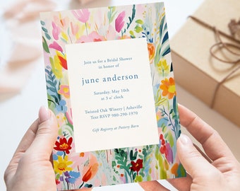 Abstract Floral Bridal Shower Invitation Template, Printable Editable CORJL Template, Bright Colorful Abstract Flowers