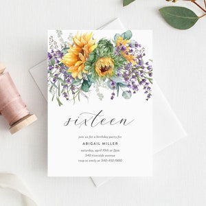 Sunflower and Lavender Birthday Party Invitation Template, Printable Editable Template, Sweet Sixteen Birthday Invite, Teen Invite, DIY