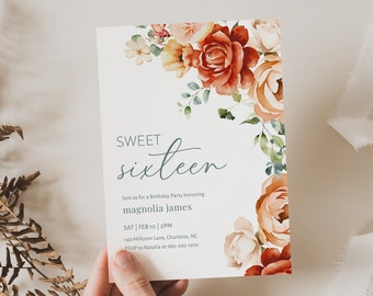 Sweet Sixteen Warm Floral Birthday Invitation Template, Fall Floral, Burnt Orange Rust Boho Floral Teen Birthday, Paperless Post CORJL