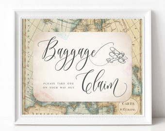 Baggage Claim Favors Sign PRINTABLE 8x10 Travel Theme Adventure Bridal Shower Sign Baby Shower Travel Wedding Favors Sign Old Vintage Map