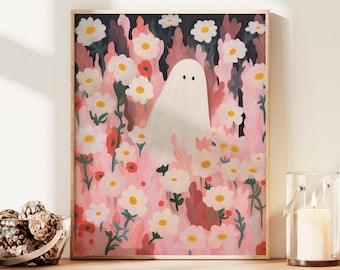 Retro Pink Daisy and Ghost Painting, Cottage Core Wildflowers Pink Daisy Ghost Printable Art Print, Dark Academia, Cute Halloween Home Decor