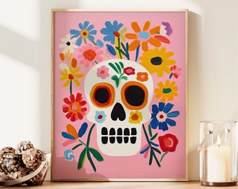 Dia de Los Muertos Sugar Skull Printable Art Print, Day of the Dead Halloween Decor, Pink Floral Skull Print, Halloween Decor, Digital Art