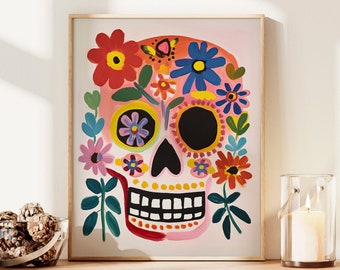 Dia de Los Muertos Sugar Skull Printable Art Print, Day of the Dead Halloween Decor, Pink Floral Skull Print, Halloween Decor, Digital Art