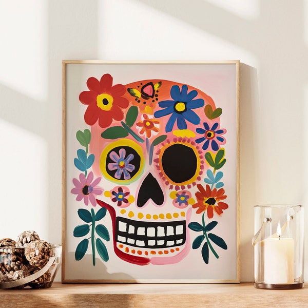 Dia de Los Muertos Sugar Skull Printable Art Print, Day of the Dead Halloween Decor, Pink Floral Skull Print, Halloween Decor, Digital Art