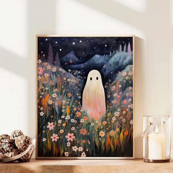 Wildflower Ghost Painting, Cottagecore Wildflowers Retro Daisy Ghost Printable Art Print, Dark Academia, Cute Halloween Home Decor