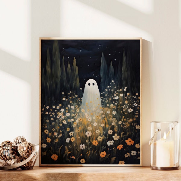 Retro Daisy and Ghost Painting, Dark Cottagecore Wildflowers Retro Daisy Ghost Printable Art Print, Dark Academia, Cute Halloween Home Decor