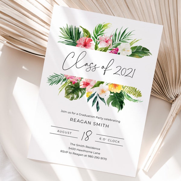 Tropical Graduation Party Invitation Template, Class of 2021, Hawaiian Luau Invite, Beach Graduation Party, College High School Digital 702