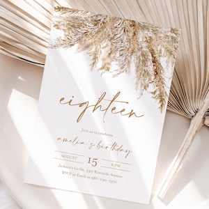 Modelo de convite de festa de aniversário de 18 anos de Pampas Grass, modelo editável para impressão, vegetação floral seca Boho mínimo de dezoito convite PG50