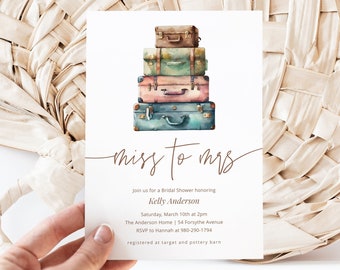 Miss to Mrs Bridal Shower Invitation Template, Suitcase Travel Theme, Printable Invite Editable Template on Corjl, Destination Wedding MM10