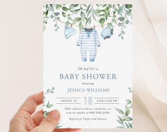 Boy Baby Shower Invitation Template, Printable Editable CORJL Template, Blue Baby Clothes, Clothesline Invite, Greenery Invite, CL01
