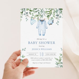 Boy Baby Shower Invitation Template, Printable Editable CORJL Template, Blue Baby Clothes, Clothesline Invite, Greenery Invite, CL01