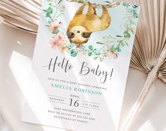 SLOTH Baby Shower Invitation Template, Editable Digital Download, 5x7 Eucalyptus and Pink Flowers, Oh Baby Invite, It's a Girl Invite Aqua