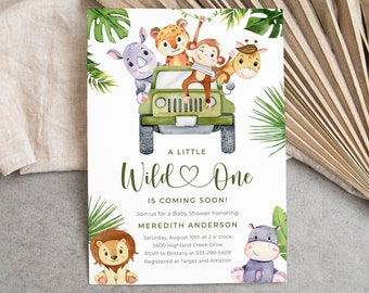 Safari Animals Baby Shower Invite Printable Editable Invitation Template Jungle Animals Safari Jeep Team Green Rhino Cheetah Giraffe Monkey