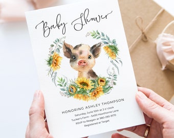 Sunflowers Pig Baby Shower Invite Printable Editable Template Farm Invitation Girl Baby Shower Country Pig Invite Watercolor Floral 715