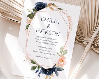 Navy Blue Floral Wedding Invitation Template, Editable Printable Digital Download Navy Blue and Blush Pink, Rose Gold Geometric Wedding BG22