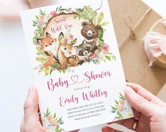 Pink Floral Forest Baby Shower Invitation, Cute Forest Animals, Printable Editable Template, Woodland Invite, Fox Deer Raccoon, Wood Invite