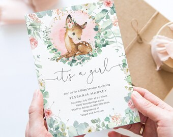 Baby Deer Baby Shower Invitation Template Printable Editable Invite Blush Pink Floral Fawn It's a Girl Invite Pink and Gold Glitter Greenery