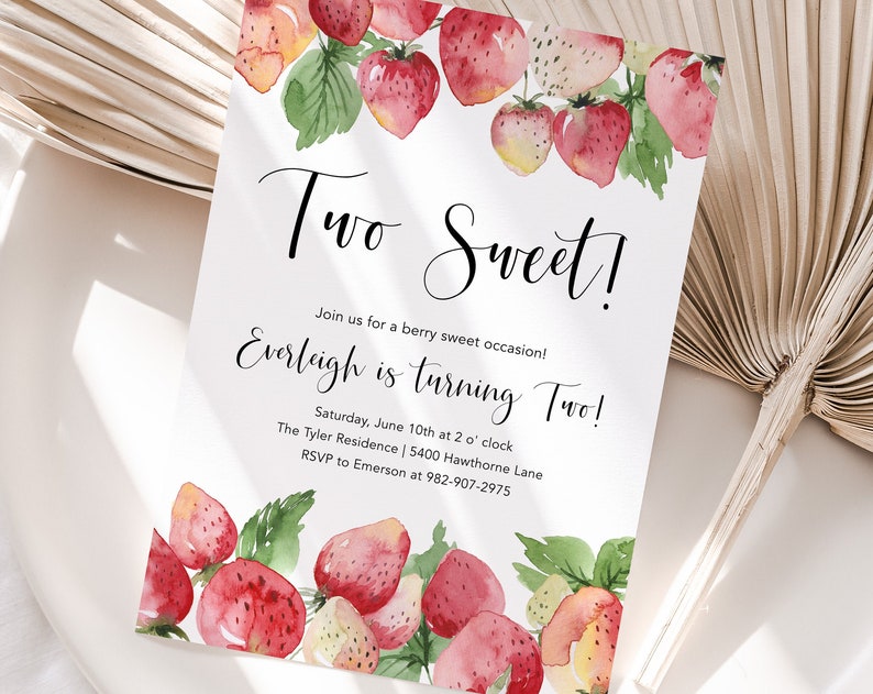 TWO Sweet Strawberry Second Birthday Invitation 2nd Birthday Invite Strawberry Farm Theme Printable EDITABLE Digital Template