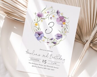 Purple Floral 3rd Birthday Invitation Template, 5x7 Printable Editable Template, Purple Pansies Violas Wildflower Third Birthday Invite PF44