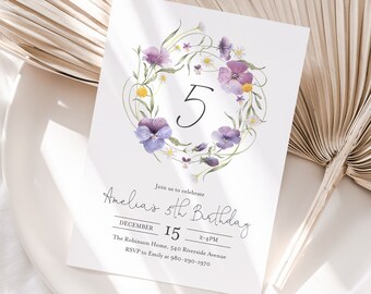 Purple Floral 5th Birthday Invitation Template, 5x7 Printable Editable Template Purple Pansies Violas Wildflower Fifth Birthday Invite PF44
