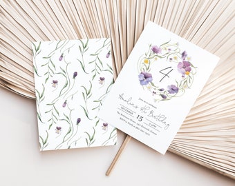 Purple Floral 4th Birthday Invitation Template, 5x7 Printable Editable Template Purple Pansies Violas Wildflower Fourth Birthday Invite PF44
