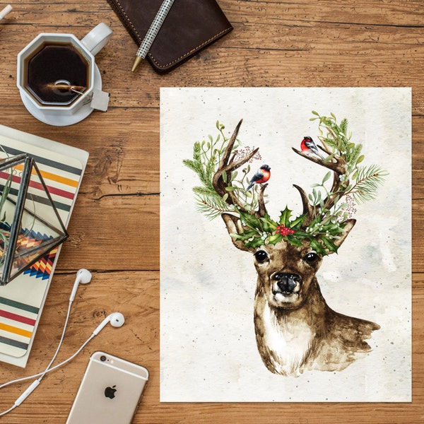 Christmas Deer Printable Art Print, 5x7, 8x10, 11x14, Watercolor Christmas Deer, Reindeer Print, Christmas Print, Instant Download