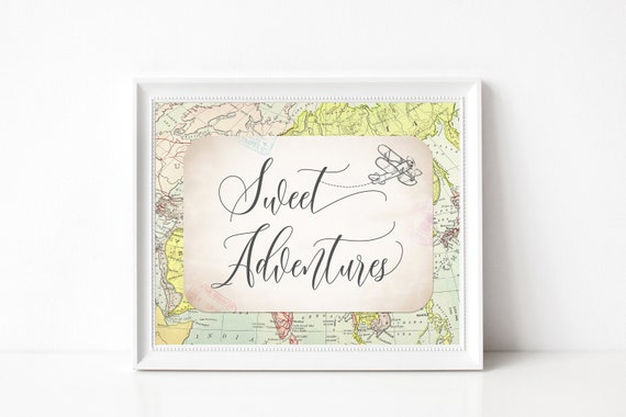 Travel Theme Baggage Claim Sign PRINTABLE 8x10 Digital File Vintage Map Bridal Shower Favors Adventure Awaits Passport Stamps Wedding Baby