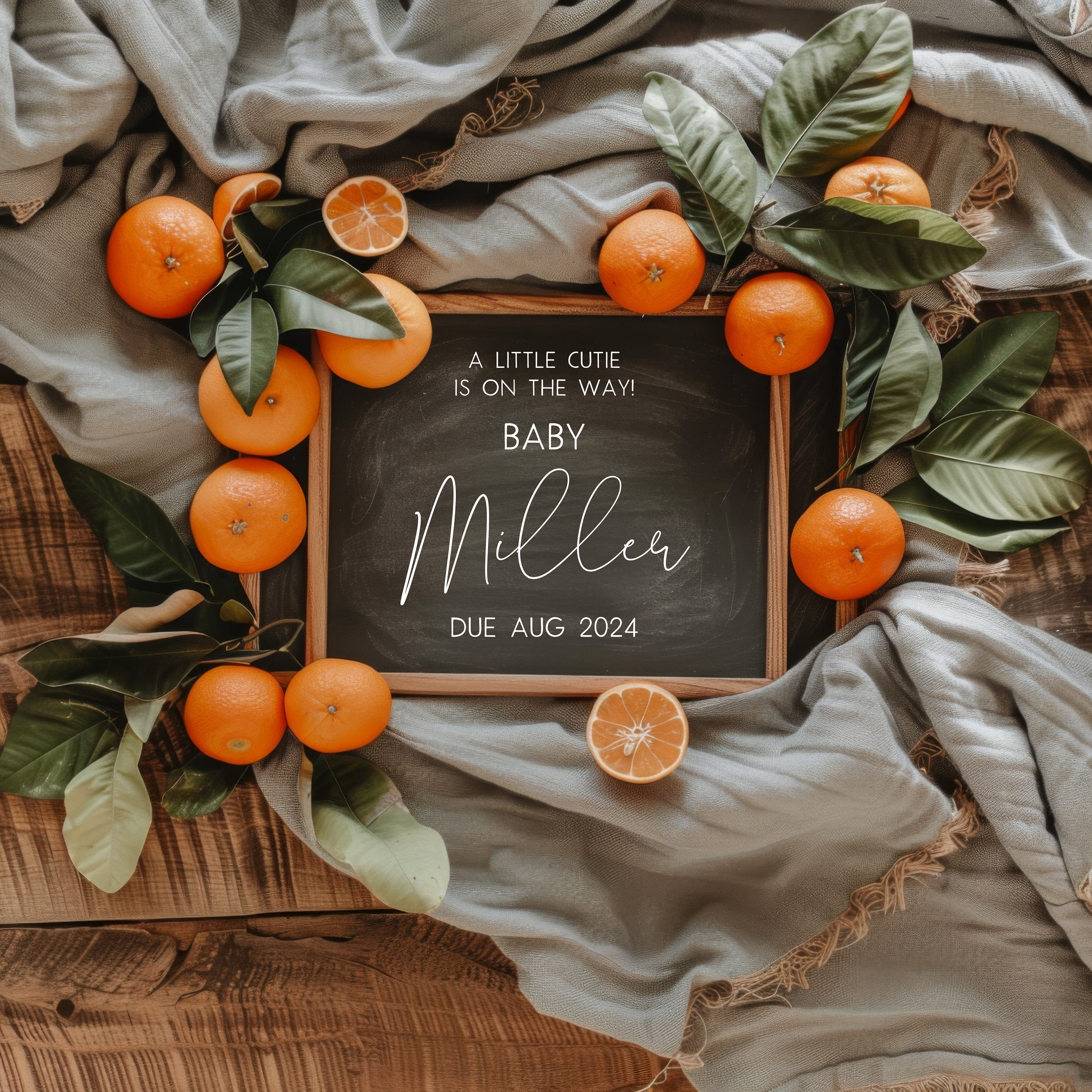A Little Cutie Pregnancy Announcement Pregnancy Reveal, Citrus Oranges Clemetines Chalkboard Announcement, Editable Digital Template