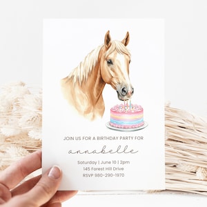 May include: A birthday party invitation featuring a watercolor illustration of a horse with a light brown mane and a pink, blue, and yellow cake. The invitation text reads: "Join us for a birthday party for Annabelle."