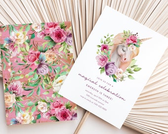 Unicorn Birthday Invitation Template, Printable Editable Invite, Purple and Pink Unicorn, Floral Back Design, DIY Digital Template, Magical