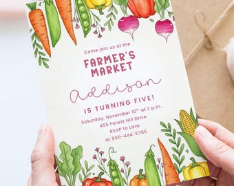 Farmers Market Birthday Canva Invite Template, Veggie Birthday Party, Editable Invitation, Garden Party, Kids Birthday, Printable