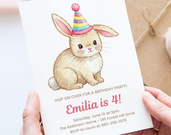 Bunny Birthday Canva Invite Template, Rabbit Party Printable, Kids 4th Birthday Invitation, Editable Birthday Party Invite