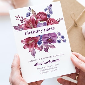 Blumen Geburtstagsparty Canva Einladen Vorlage, bearbeitbare Blumen Geburtstagseinladung, elegante druckbare Geburtstagskarte, lila rosa Blumen