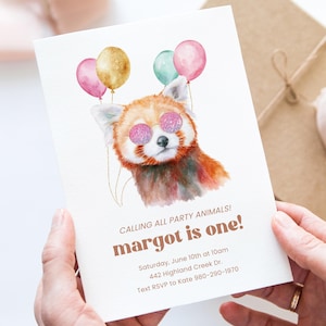 Verjaardagsuitnodiging rode panda, bewerkbare Corjl-feestbeestuitnodiging, roze glitterzonnebril, schattige ballonnen sjabloon eerste verjaardag