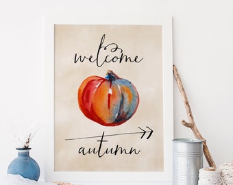 Welcome Autumn Printable Art Print, 8x10 Watercolor Pumpkin Fall Decoration, Home Decor, October Print, Instant Download Paper Canoe